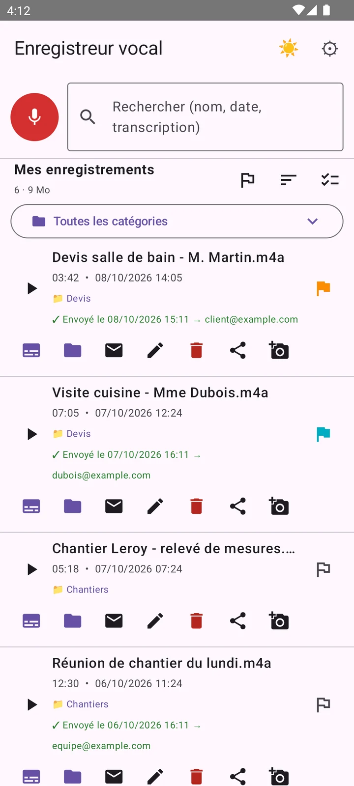 Liste des enregistrements classés par client, avec leur durée