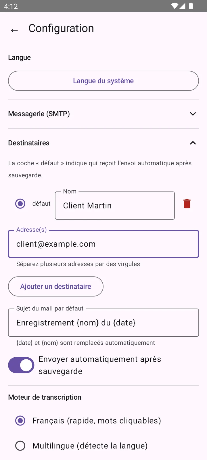 Configuration des destinataires et envoi automatique