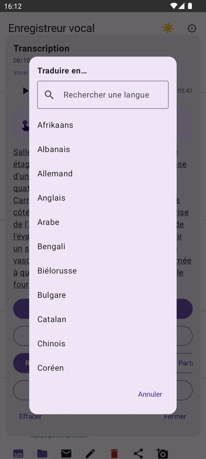 Liste des langues de traduction, avec un champ de recherche